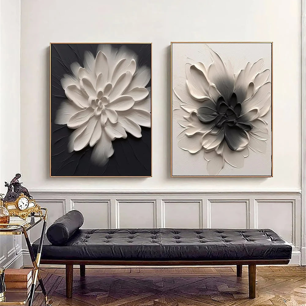 Black and Beige Flower & Tree Textured Abstract Wall Art Set of 2 #SF003