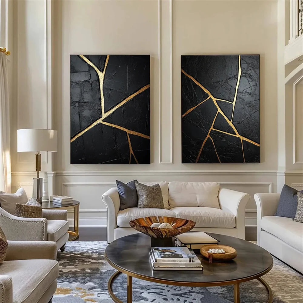 Black and Gold Minimalist Textured Wall Art Set of 2 #MT055