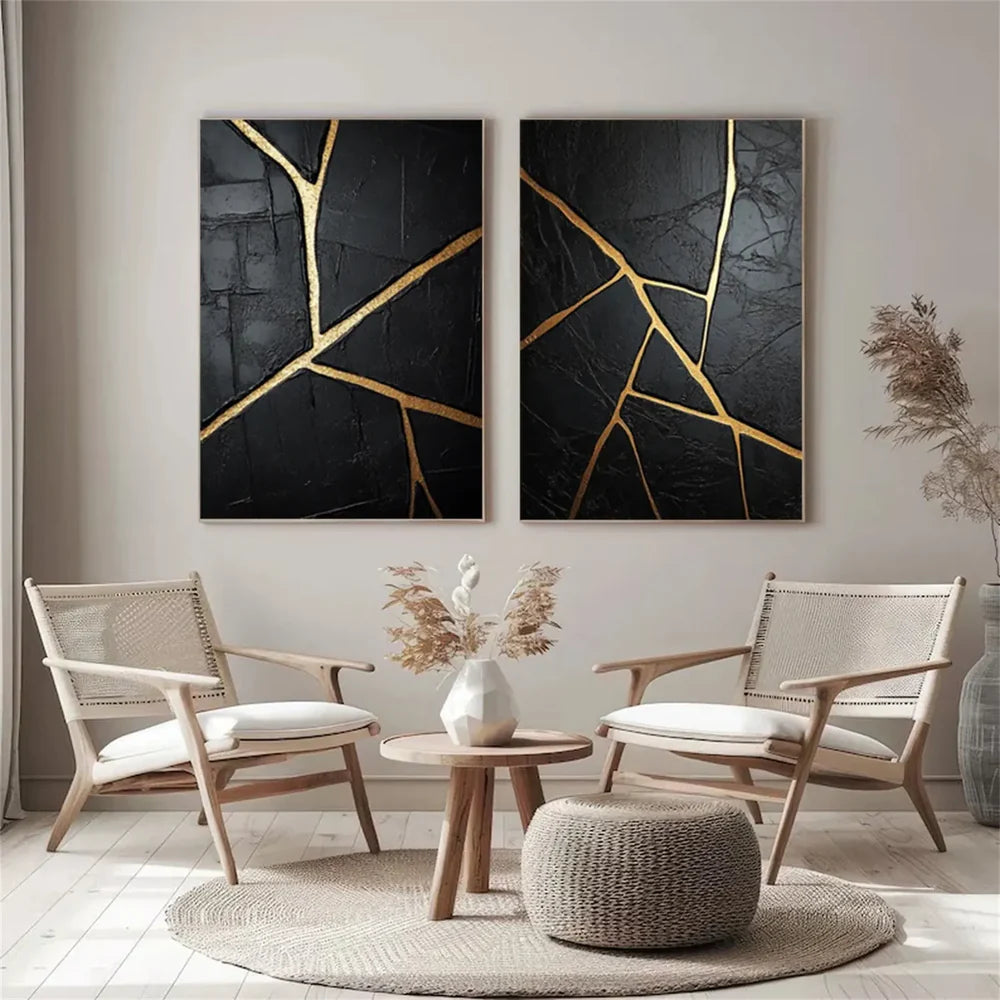 Black and Gold Minimalist Textured Wall Art Set of 2 #MT055