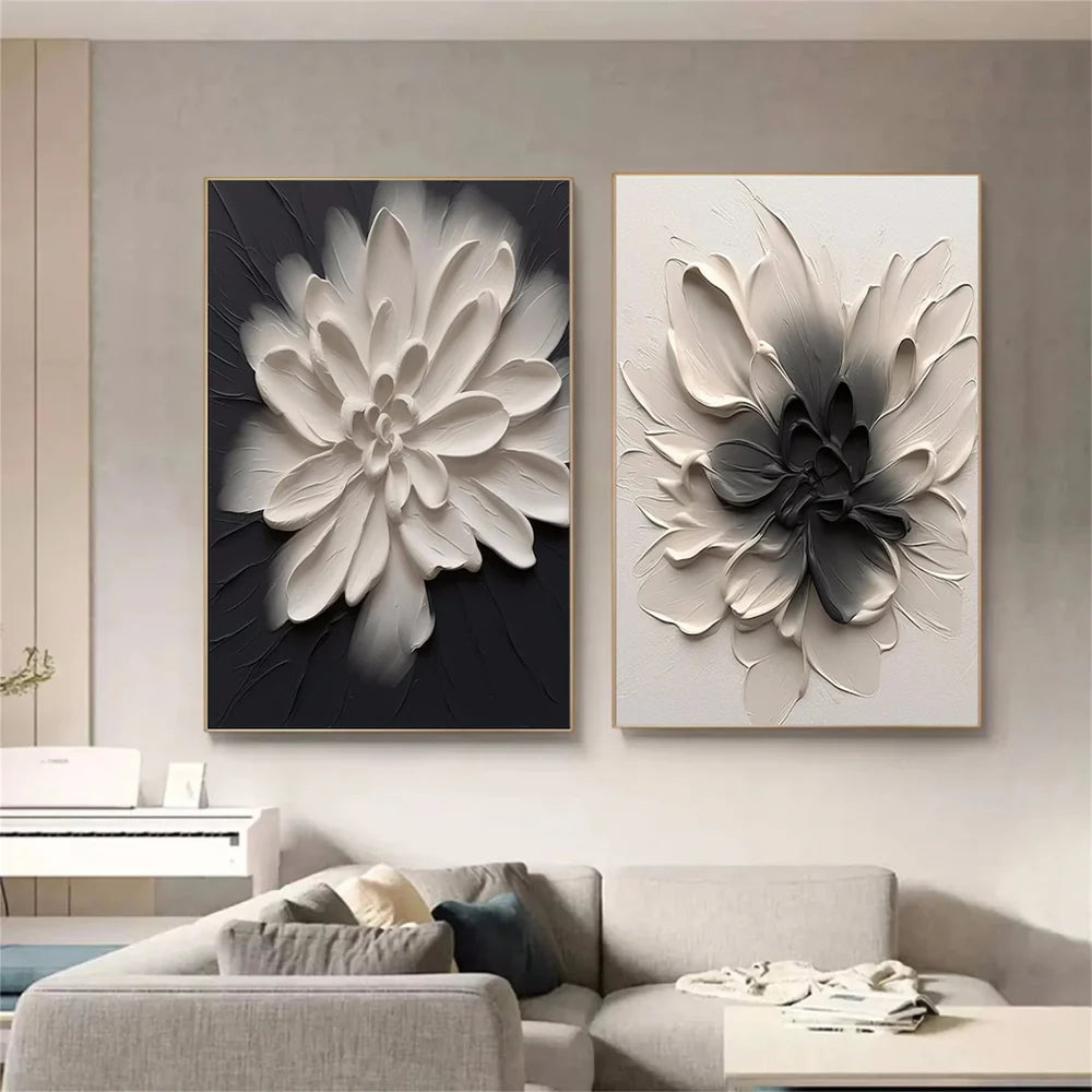 Black and Beige Flower & Tree Textured Abstract Wall Art Set of 2 #SF003