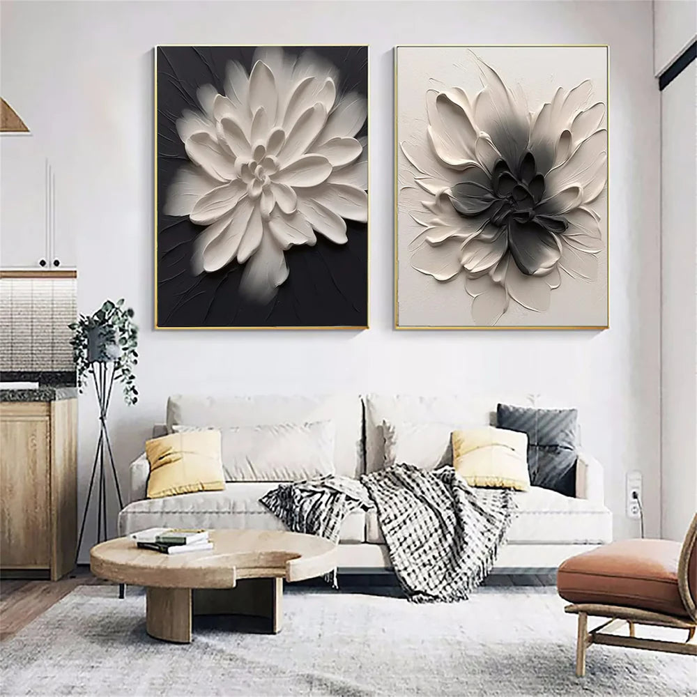 Black and Beige Flower & Tree Textured Abstract Wall Art Set of 2 #SF003
