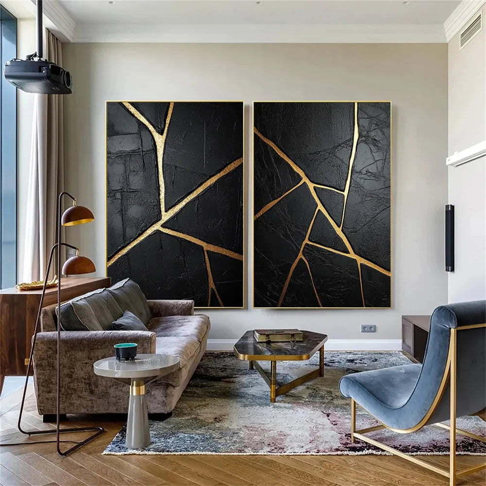 Black and Gold Minimalist Textured Wall Art Set of 2 #MT055