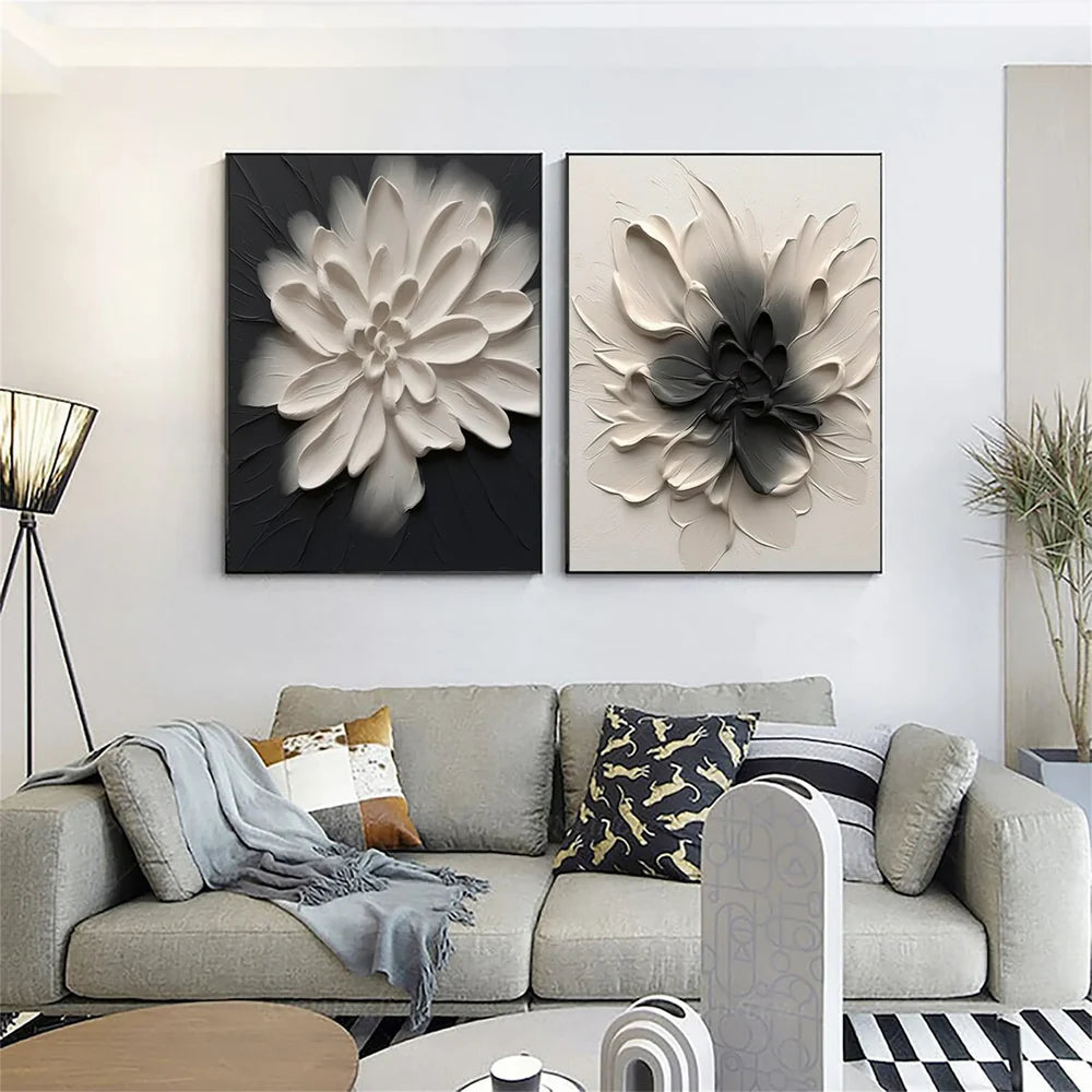 Black and Beige Flower & Tree Textured Abstract Wall Art Set of 2 #SF003
