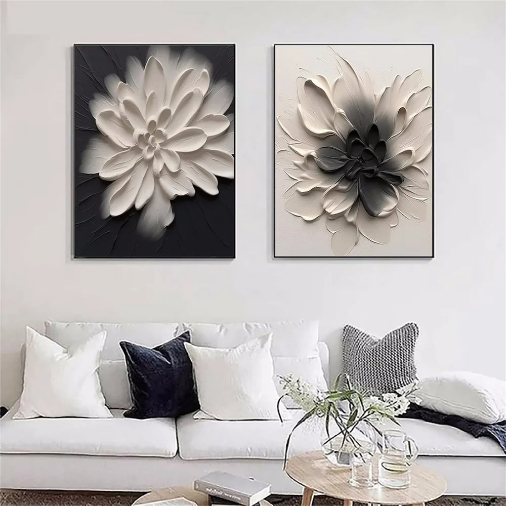 Black and Beige Flower & Tree Textured Abstract Wall Art Set of 2 #SF003