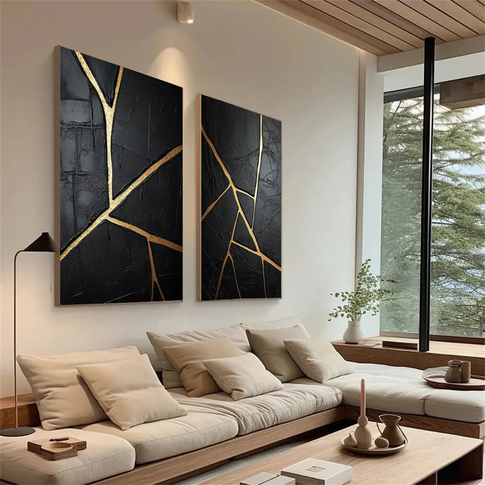 Black and Gold Minimalist Textured Wall Art Set of 2 #MT055