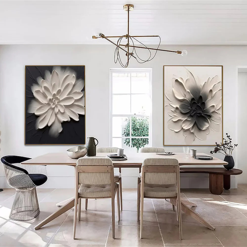 Black and Beige Flower & Tree Textured Abstract Wall Art Set of 2 #SF003