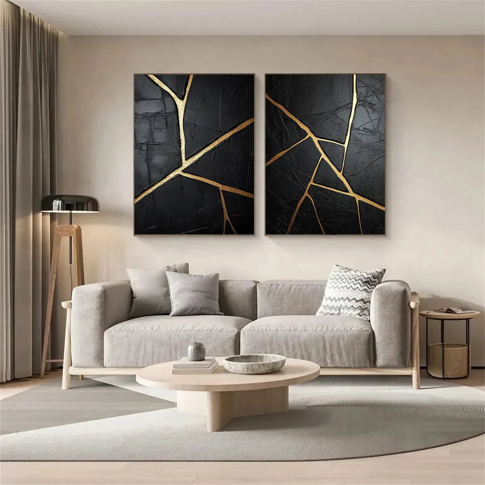 Black and Gold Minimalist Textured Wall Art Set of 2 #MT055