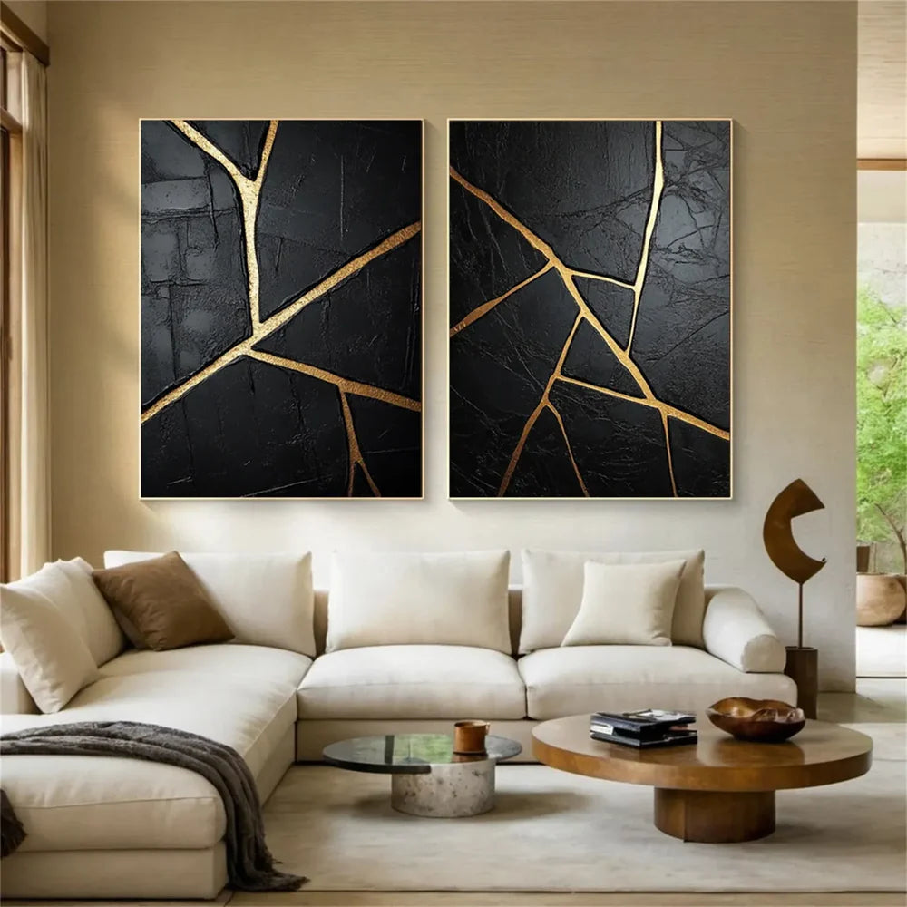 Black and Gold Minimalist Textured Wall Art Set of 2 #MT055