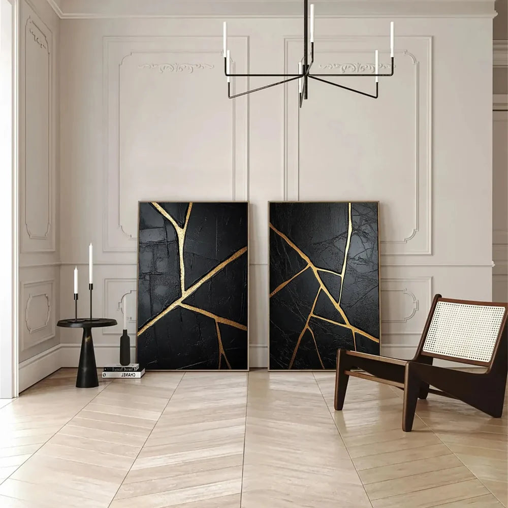 Black and Gold Minimalist Textured Wall Art Set of 2 #MT055